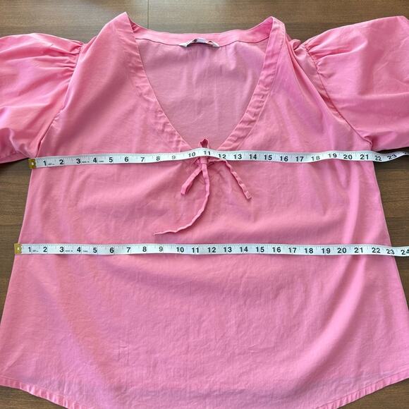 Elizabeth & James | Women’s Pink Tie Neck V-Neck Puff Sleeve Blouse Top Spring M - Picture 9 of 9